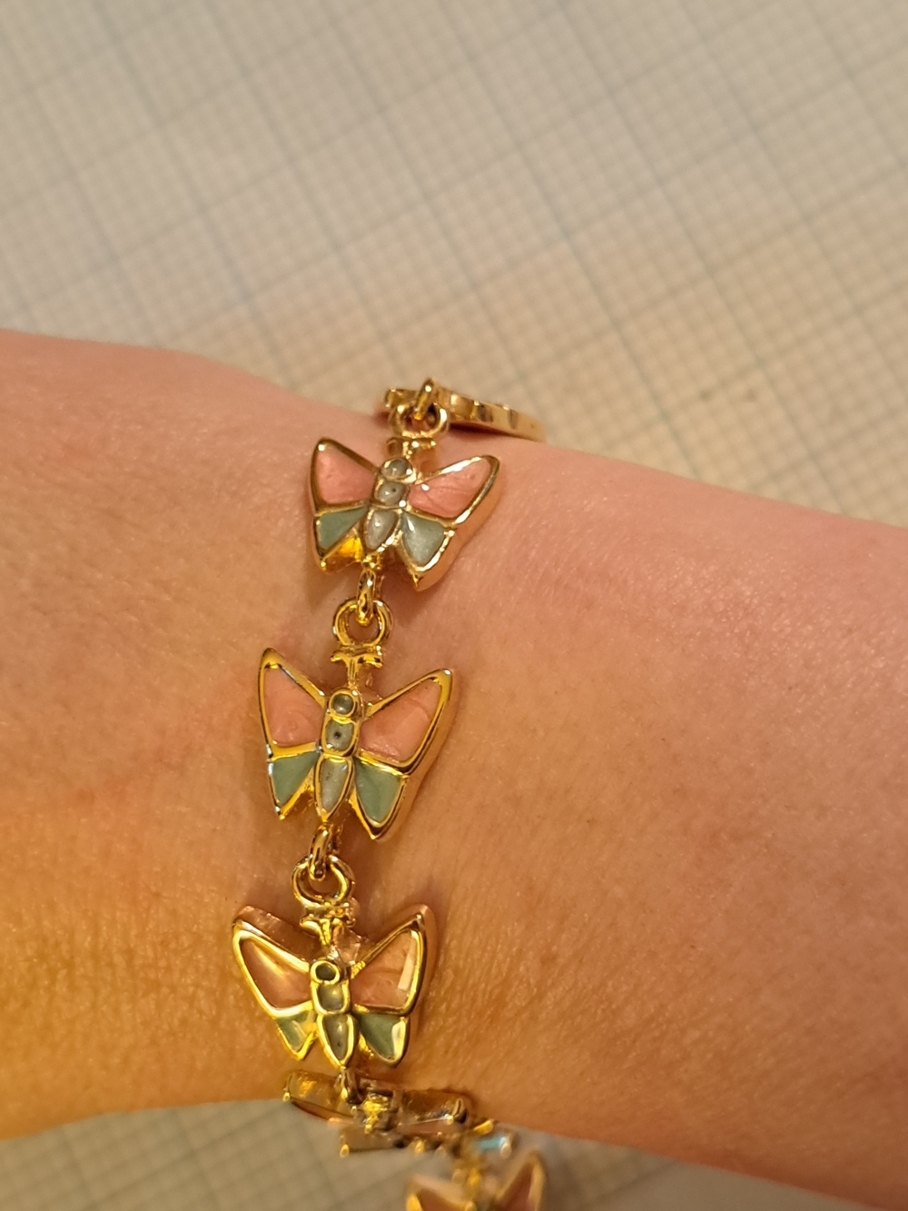 Gold Butterfly Link Bracelet with Pink and Mint Enamel, Clear Rhinestones